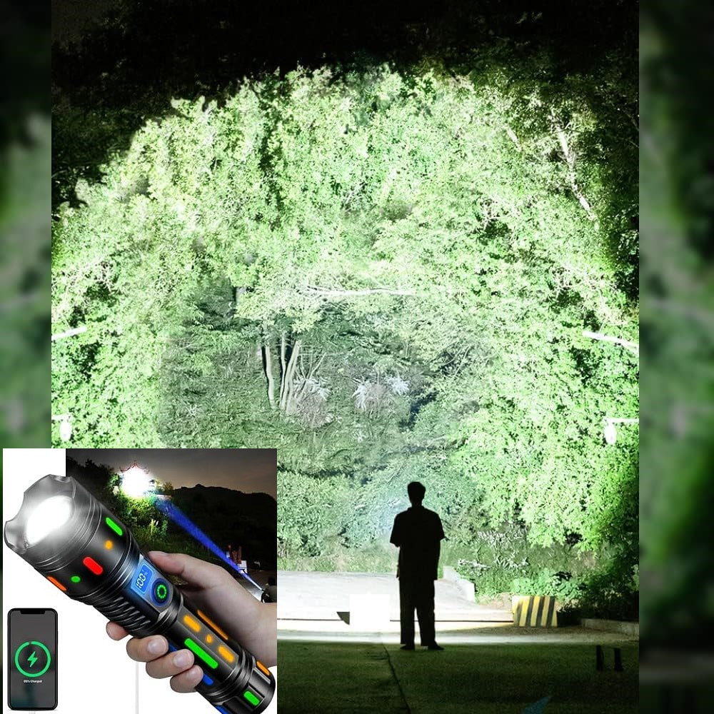 Super Power Long Range Rechargeable LED Flashlight Zoomable Torch – 2KM, Torch with a 40000 mah battery, for Hunting, Searching, Fishing, Exploring